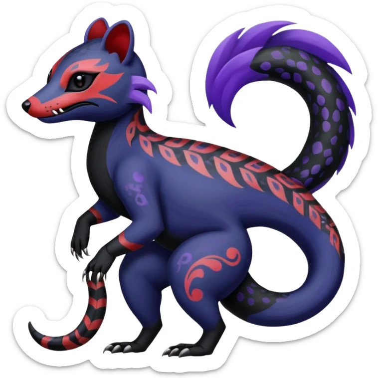 Rare warm-colored exotic gloomy tropical edgy cute epic aesthetic spooky indigo violet white black red gothic colorful Salandit-Noibat-Civet-species-Fakemon-hybrid-creature, with tribal tattoo markings, full body sticker