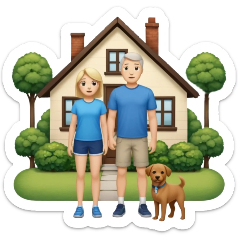 a mom and dad standing in front of a house with their son and a dog next to them (1 dog) and 1 SON not daughter the son should be very short sticker