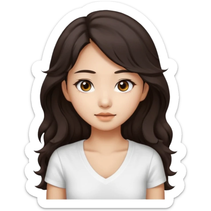 iOS style emoji. girl with very long dark brown wavy hair. And the eyes color is dark brown. And she is wearing white t shirt with V kneck. And she is 30. She is Asian with double eyelids  sticker