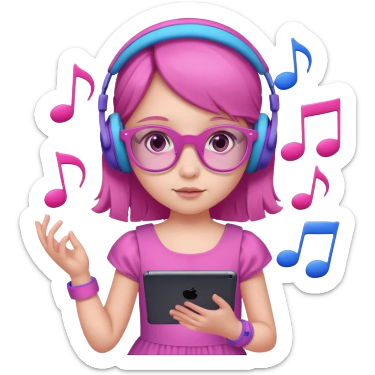 Little girl with purple headphones when pink eyes and pink iPad and pink dreamy background and rose colored glasses and blue music notes around her and pink dress sticker
