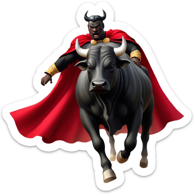 ​Cinematic Realistic black charging bull, against a matador depicted in a flowing red cape, captured in the dramatic moment of confronting a charging bull in a traditional bullring, rendered with dynamic motion and dramatic lighting that encapsulates the intensity and artistry of the spectacle, sticker