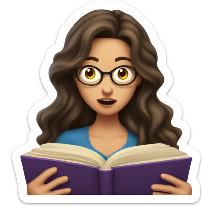 brunette long wavy hair woman shocked face while holding and reading book sticker