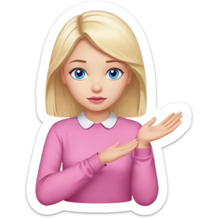 A girl with blue eyes, full lips and blonde hair in a pink blouse shows no with her hands, crossing them sticker