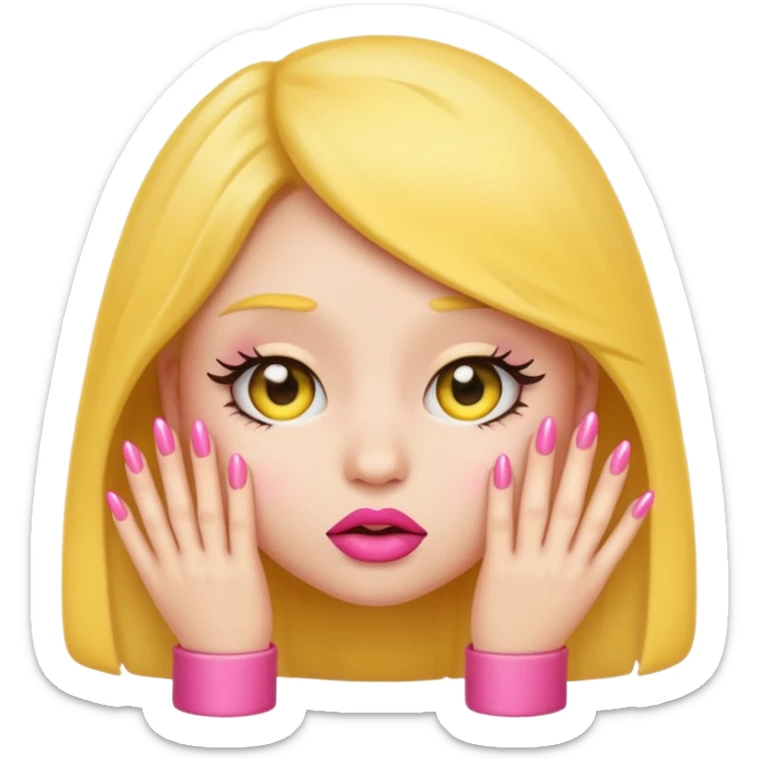 Cute shy emoji with long lashes, big pouty lips, pink nails, black background, same style as original emoji, not human sticker
