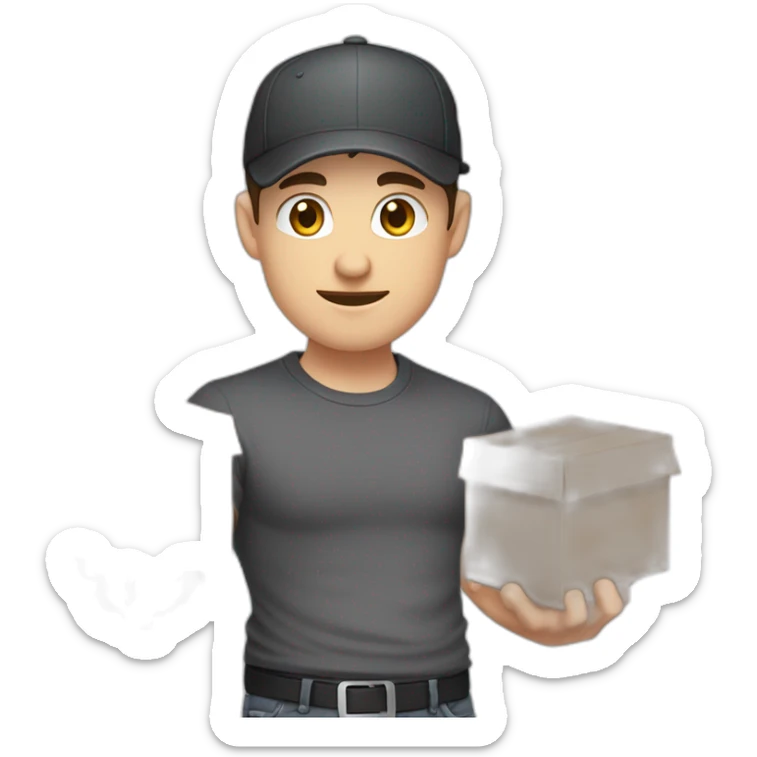 Pale skinned fit Man with dark brown hair in a black cap, gray jeans and dark gray polo T-shirt keeping a pasted with tape white box into his hands sticker