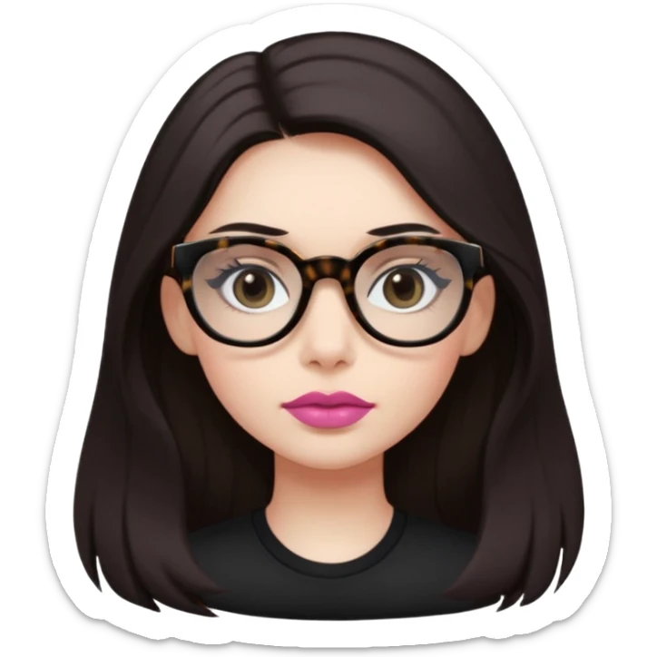 The girl with dark long hair, white skin, dark eyes, wearing black shirt and tortoise framed glasses. Lipstick is smooth old pink. sticker
