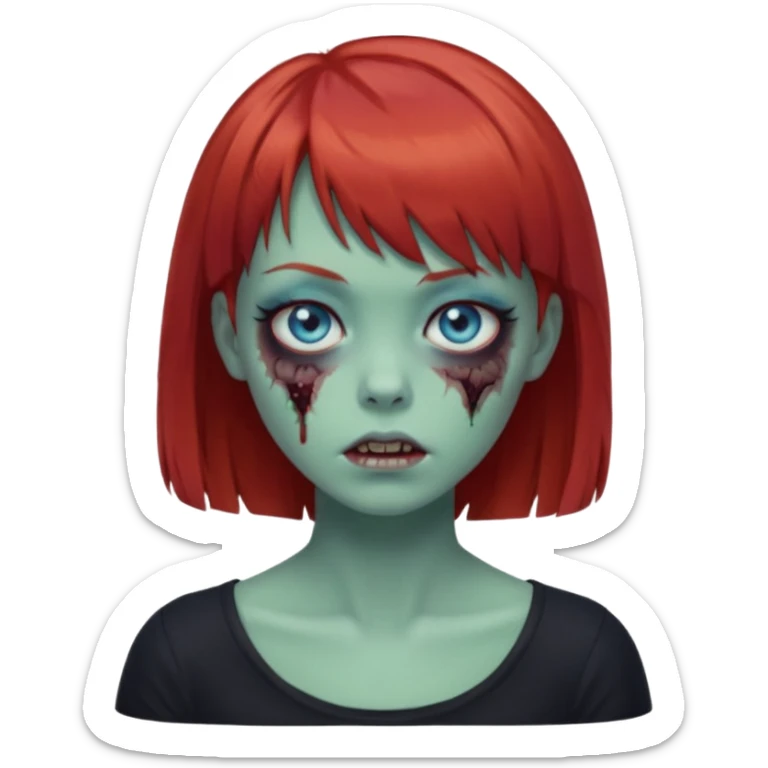 Zombie girl emoji with short red hair and bangs. Blue eyes, green skin, and a black top. sticker