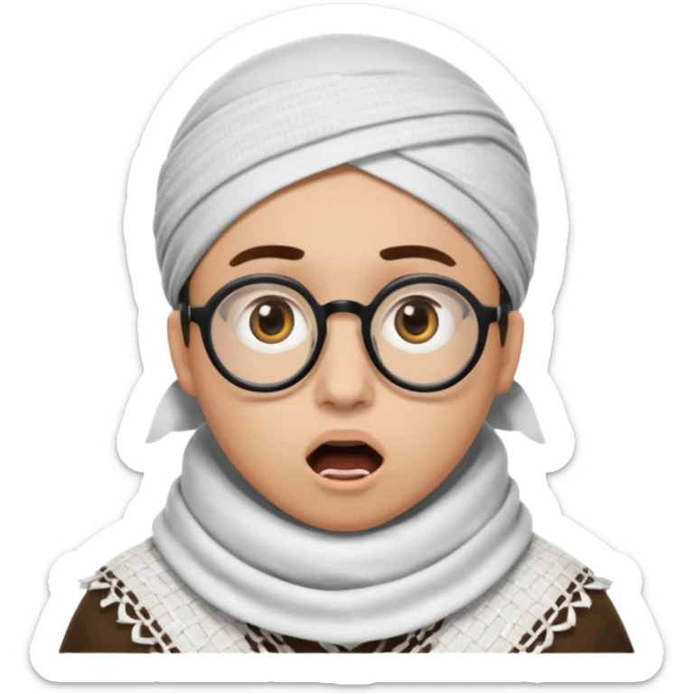 A person with light skin tone, wearing a traditional white keffiyeh with a black agal, large brown eyes, round glasses, and an open mouth showing a surprised or shocked expression. sticker