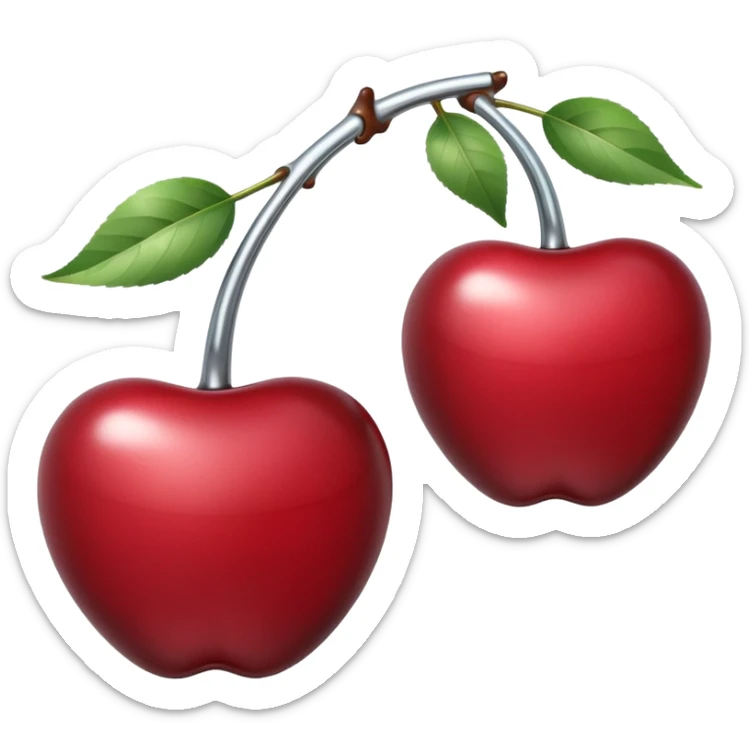 A pair of cherries emoji made of polished silver chrome, smooth rounded shapes, glossy metallic finish, soft highlights and reflections, cute proportions, iOS emoji style, centered, clean white background, no text sticker