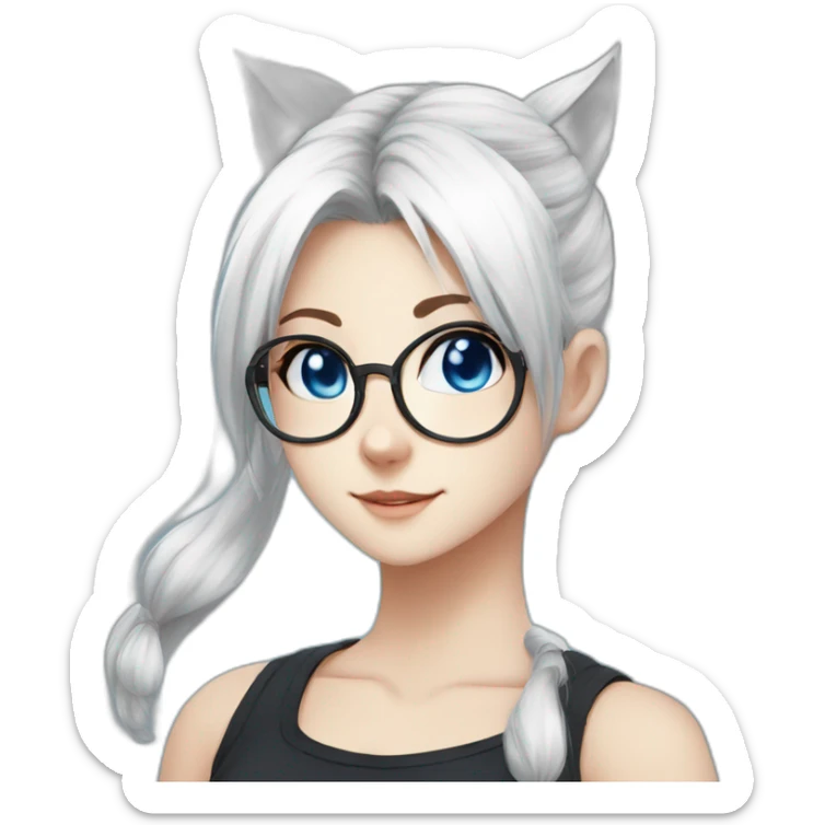 anime style white hair catgirl, black glasses, tank top, pony tail hair, blue eyes sticker