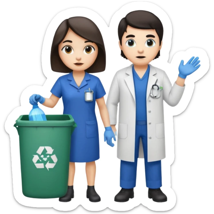 an otter disguised as a woman garbage collector next to a white man mad scientist with dark hair sticker