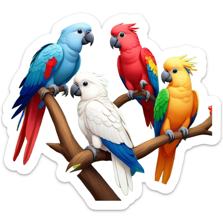 Close-up collage of vibrant Ara parrots and Inca cockatoos sitting on tree branches, surrounded by lush greenery. Bright colors of the birds stand out against a natural, sunny background of trees, flowers and fruits. Transparent background. sticker