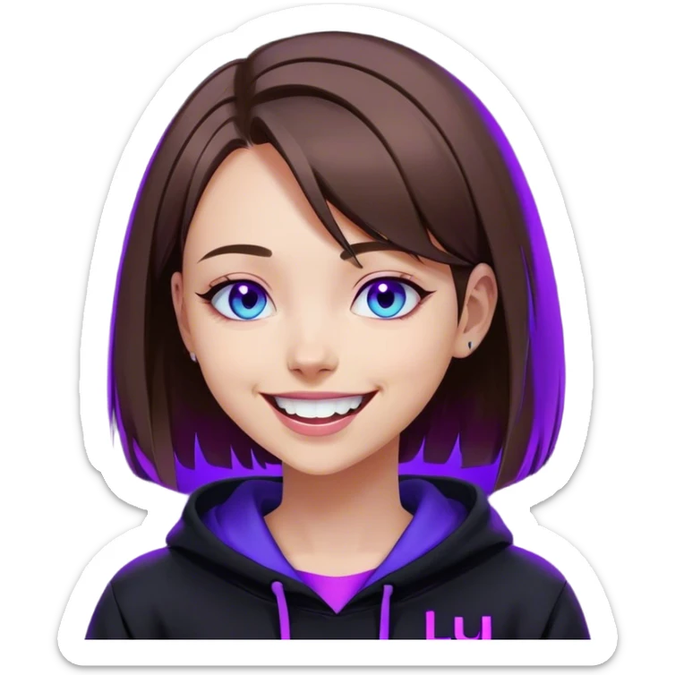 brown haired girl with a bob and blue eyes wearing black hoody with violet letters "Lu", laughs. Cyberpunk style. Violet neon. sticker