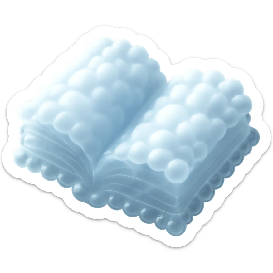 top view of a thick open book made entirely of small, very bright white fluffy convex clouds, matte glass style sticker