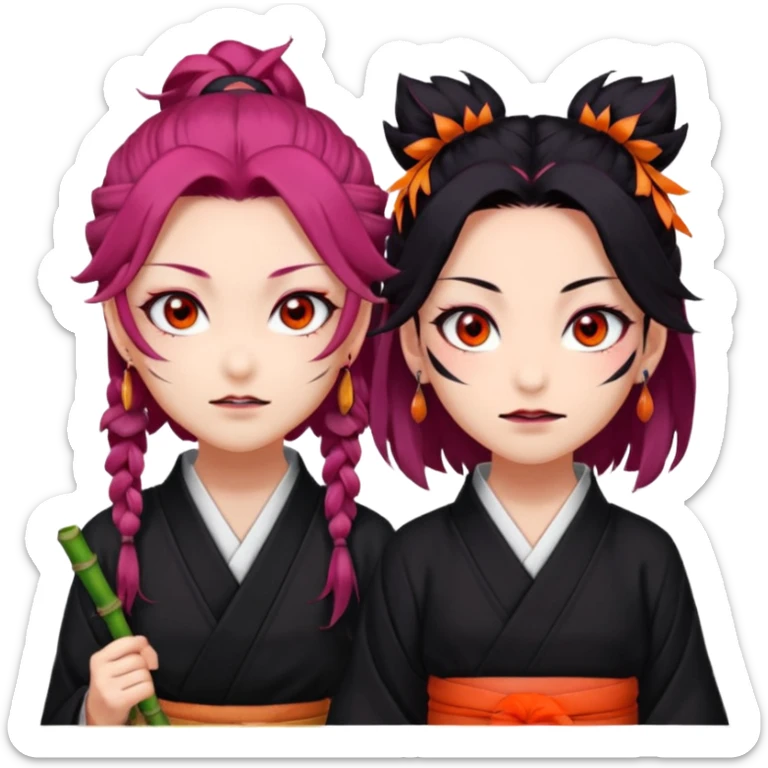 tanjiro: Kind red eyes, black hair with burgundy tips, forehead scar, tanned skin, Hanafuda earrings.                             nezuko:   Pink eyes, black-orange hair, fangs, bamboo muzzle. sticker
