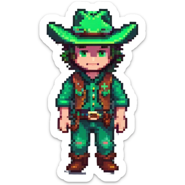 Pixel art cowboy with green outfit and green cowboy hat sticker