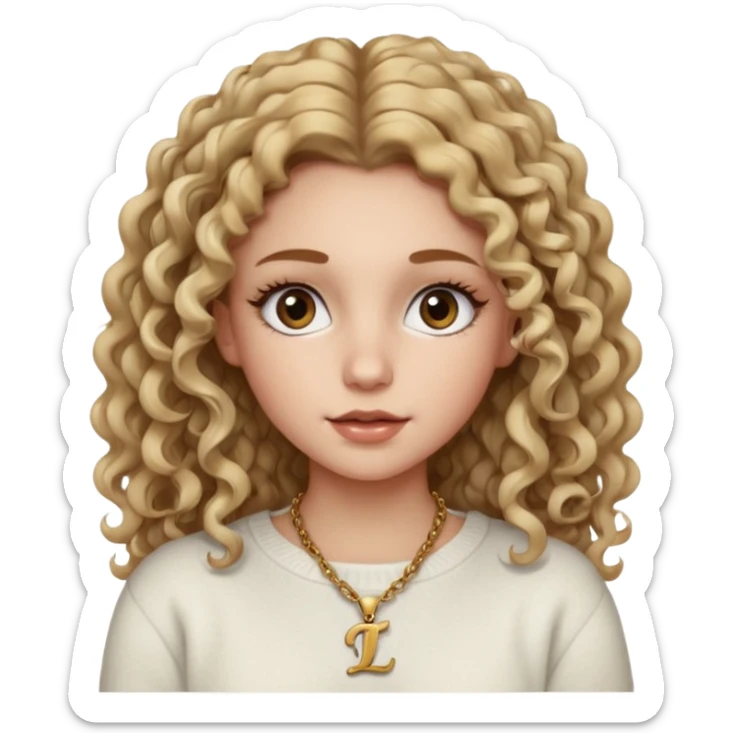 a dirty blonde girl with brown eyes and make her wearing a white sweater and a necklace with I intial with curly hair and white skin color, long hair and big lashes sticker