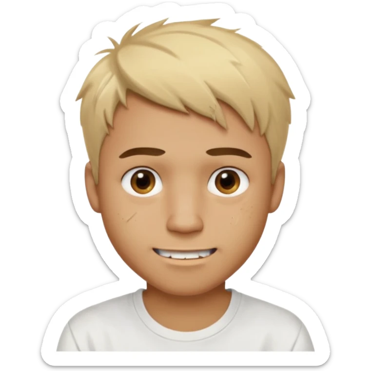 Male with short, messy blonde hair, large expressive golden-brown eyes, brown skin, subtle facial bruises and scratches, crooked smile showing slightly damaged teeth, wearing a plain white t-shirt. sticker