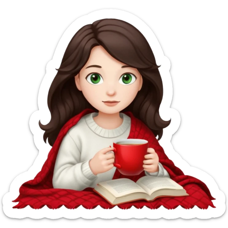 Long wavy dark brown haired, white skinned, dark green eyed girl wrapped in a red and white blanket, sipping tea and reading a book sticker