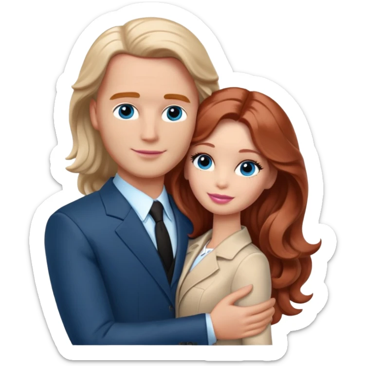 Barbie girl  , eyes blue , Chestnut red long wavy hair In pale beige clothes, Hugs a man with light brown hair bald, brown eyes , and a black suit sticker