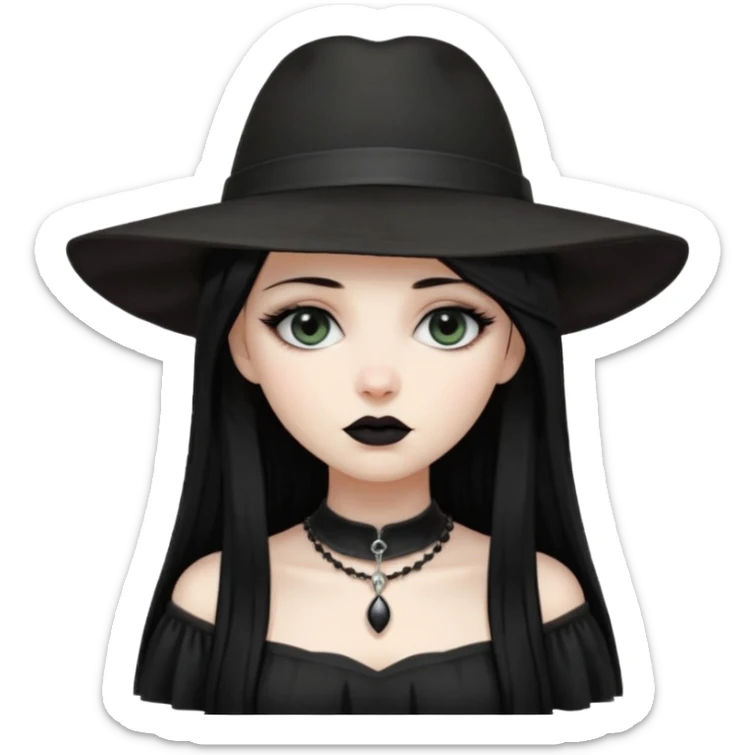 Female Goth with Wide-Brim Hat
 Long straight black hair, white skin, black dress, wide hat casting shadow over eyes. sticker