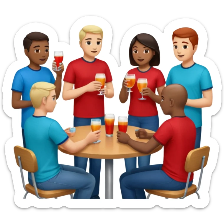 Ten adults in casual clothing with red, aqua and blue shirts, some with drinks chatting at an afterwork meeting sticker