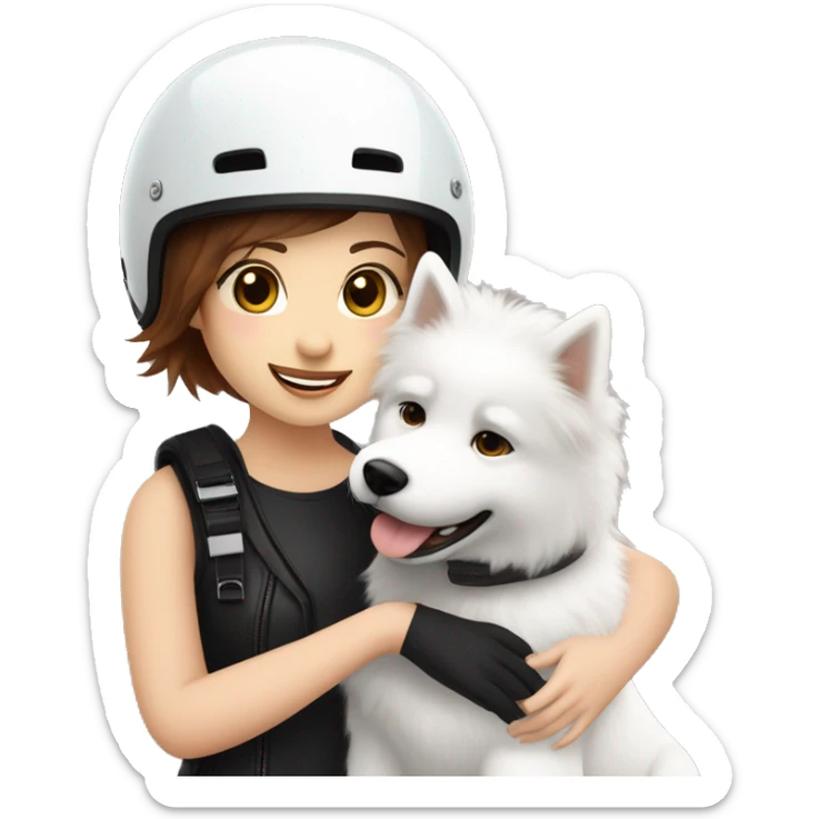 Girl biker white skin and brown short hair with a agv black helmet hugging a white Samoyed sticker