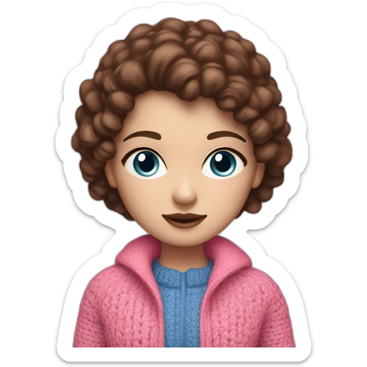 A girl with white skin, blue eyes, brown hair in a pink jacket, crochet sticker