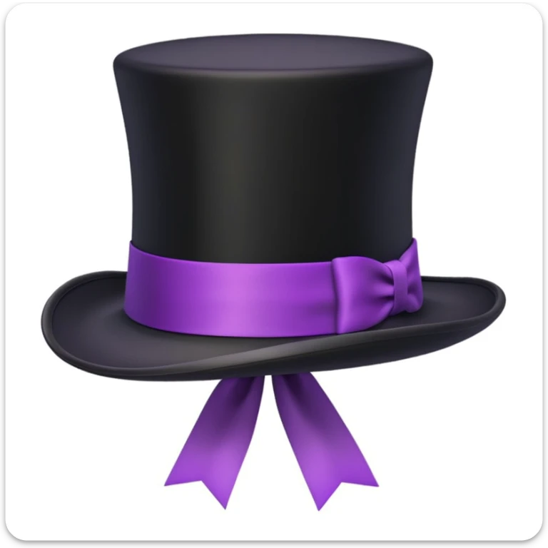 3D emoji of a tall, vintage-style black top hat with a wide brim and a bright purple ribbon, smooth slightly glossy surface, simplified shapes, cartoon-like look, soft shadows, white background sticker