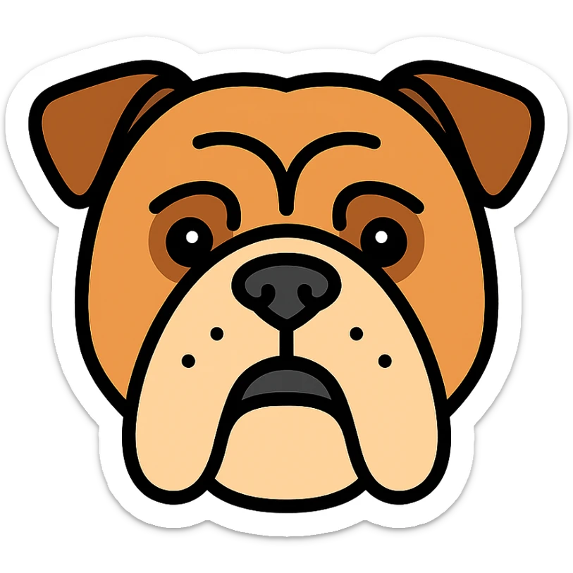 English bulldog, head only, classic wrinkled face, clear outlines, color icon style sticker