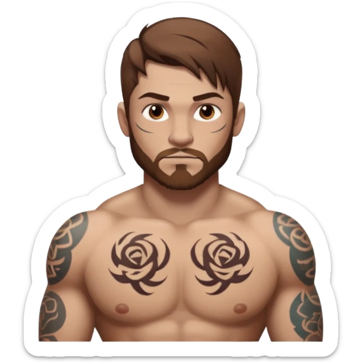 tattoo man, fair white skintone,brown hair, tattoos on face, more visible, bulky man with tattos on his chest, heavy tattooos. sticker