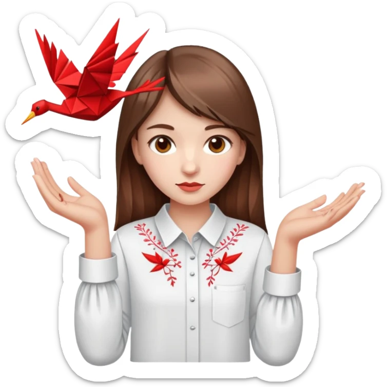 Ukrainian young girl with brown hair wearing an embroidered shirt holds an origami red crane sticker