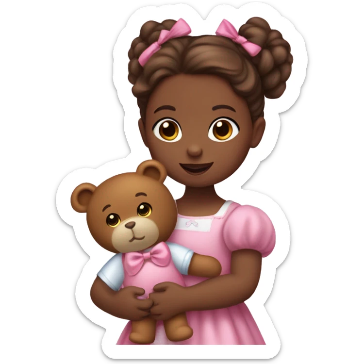 Little girl with blue eyes with Long lashes, and bronze Brown hair in two ponytails with bows. She is wearing a pink dress, and holding a teddybear. She had a pink pacificer in her mouth. sticker
