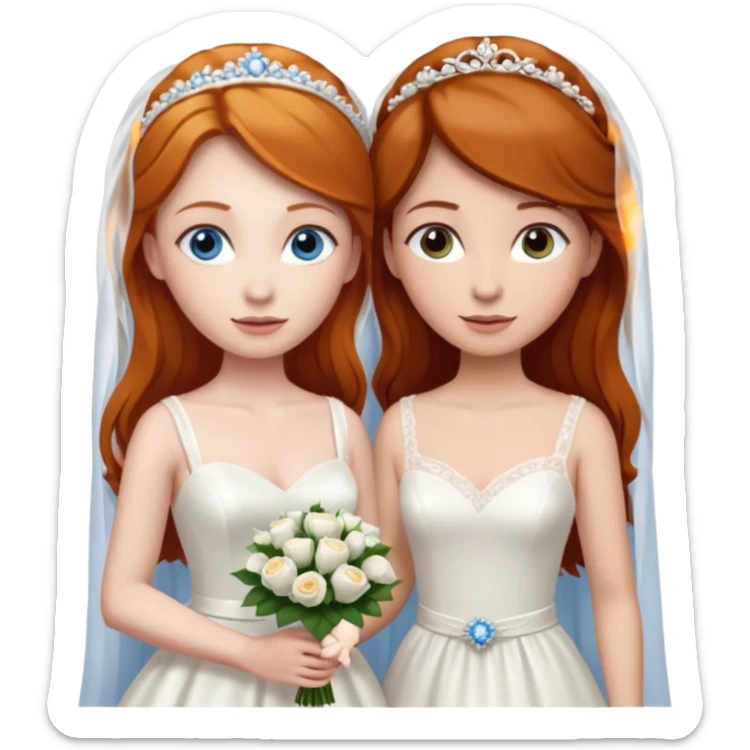 A ginger woman with blue eyes, marrying a taller woman with brown hair and hazel eyes, both in wedding dresses. sticker