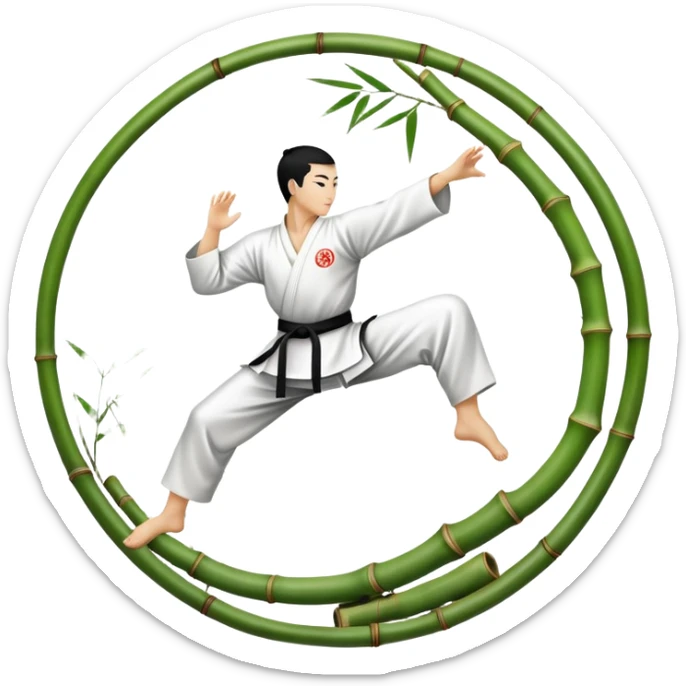 An icon symbolizing Eastern martial arts in the style of an emblem, with a black-and-white Yin-Yang symbol at the center. The design shows a martial artist performing a graceful kick, surrounded by bamboo and traditional elements. Transparent background emphasizes balance and harmony. sticker