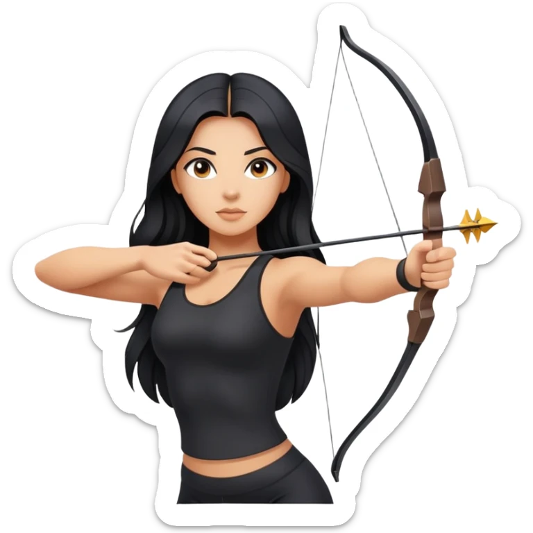 woman tanned long black hair, shooting bow and arrow , black yoga clothes sticker