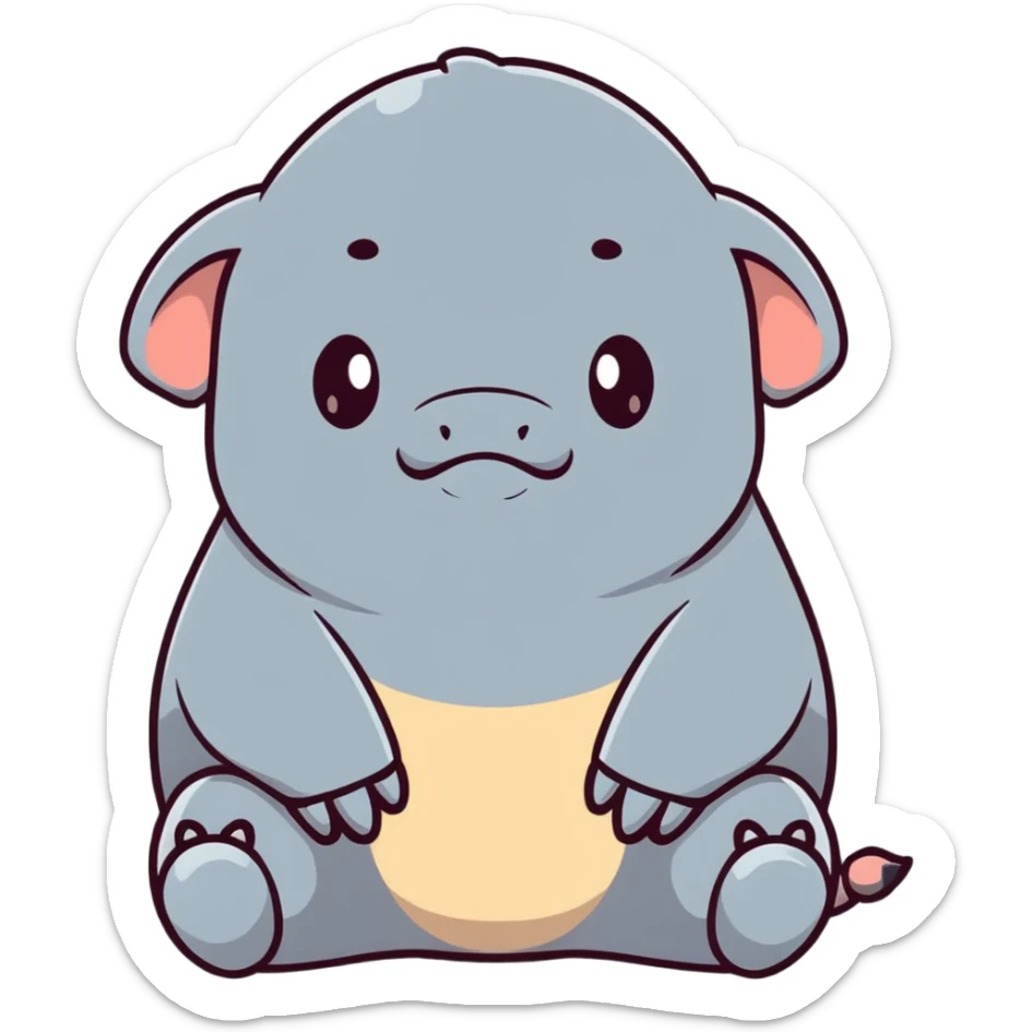 WOSH (Homunculus Loxodontus), a gray blob-like creature with wrinkled skin, no neck, tiny hands resting on lap, patiently waiting sticker