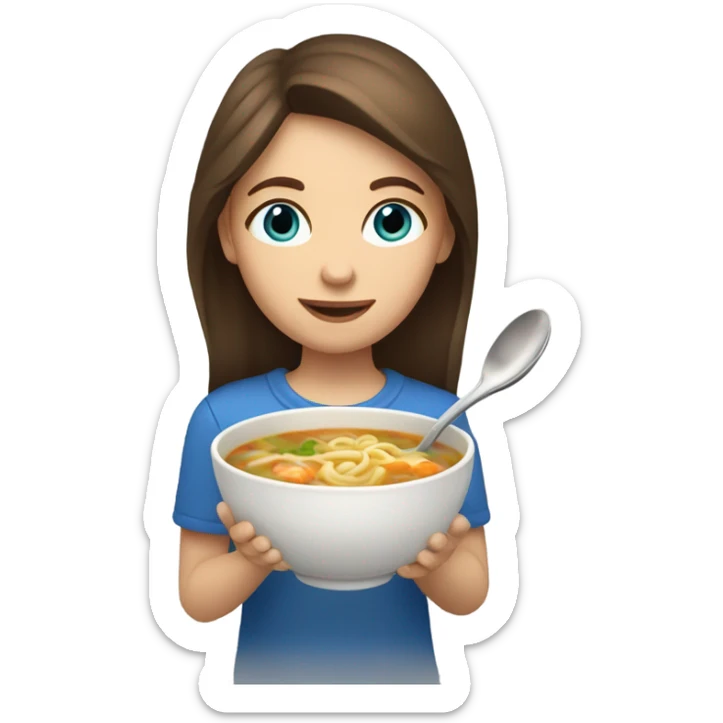 Girl with brown hair and blue eyes eating chicken noodle soup sticker