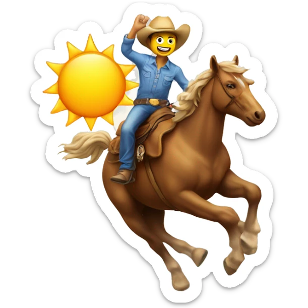 Man riding on top of the sun in a rodeo position, the sun has a smiling face sticker