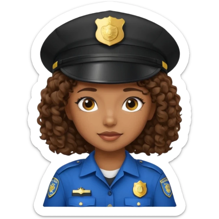 a cartoon-style avatar of a girl police officer with curly brown hair, wearing a black cap sticker