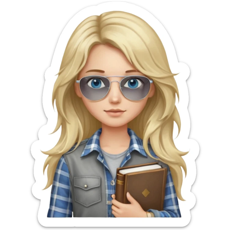 girl with long blond messy hair wearing grey plaid shirt with blue eyes and aviator sunglasses wearing a ring on her silver necklace, holding law books sticker