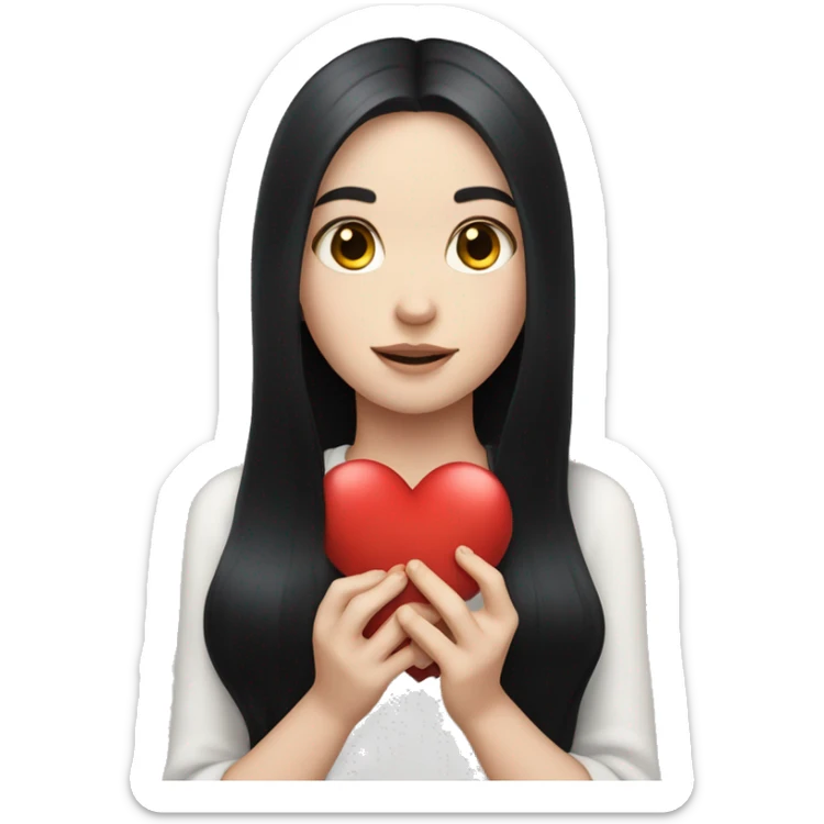 Pale girl with long black hair holding heart in her hands  sticker