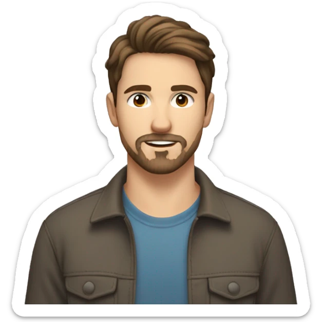 A handsome 25 year old man with middle parted fairly short brown hair, brown eyes, a very light goatee beard outdoors sticker
