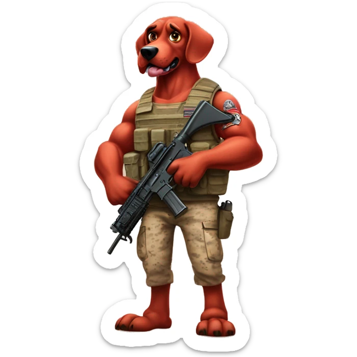 Desert storm daddy hot Clifford the big red dog muscular with tattoos on arms book illustration humanoid as a military call of duty character standing alone sticker