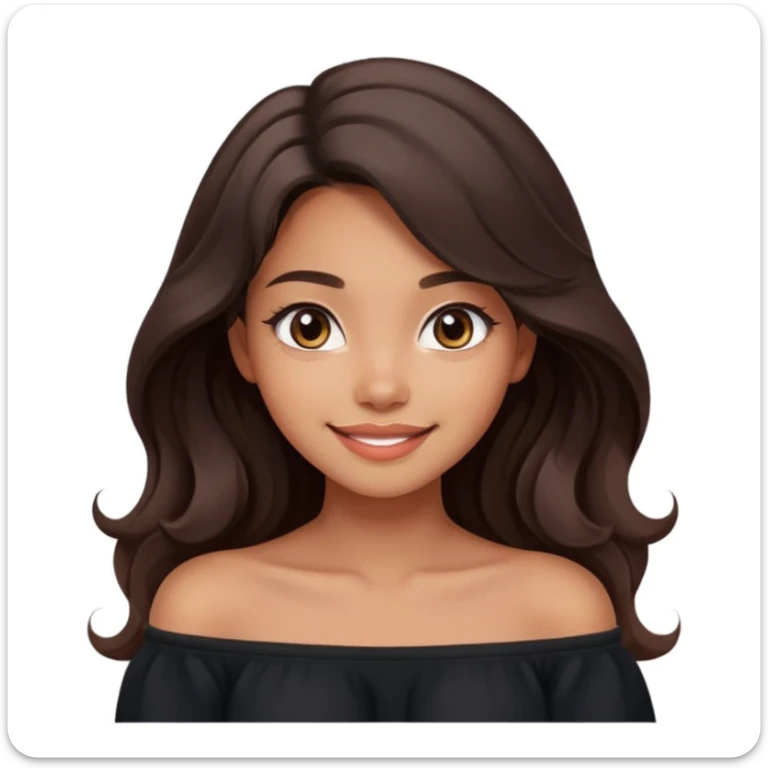 modern clean emoji of a young woman with medium skin tone, long wavy dark brown hair, wearing a black off-shoulder top, gentle inviting smile, expressive eyes, contemporary warm style, charm and confidence, soft pastel gradient background sticker