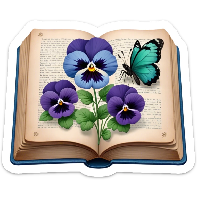 A vintage book with a worn blue cover, open to reveal pressed pansies and a resting green butterfly. sticker