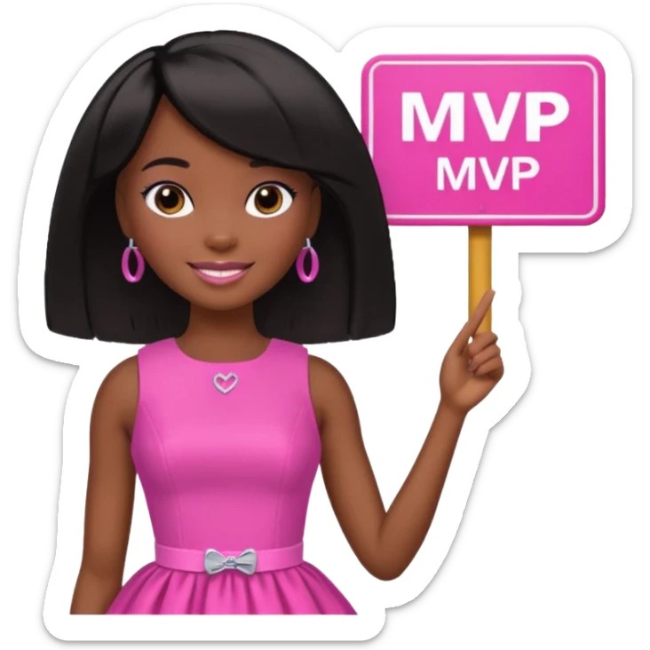 Dark skin Black barbie, short  black bob  hair, pink dress with a sign that says mvp sticker