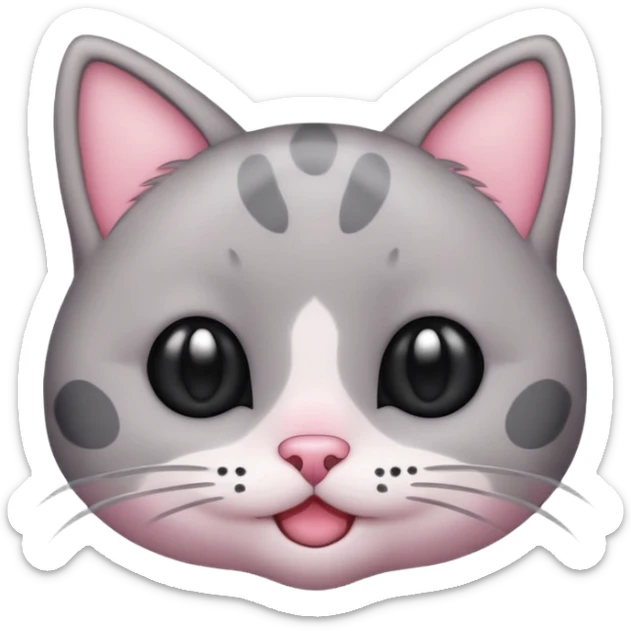 Cute emoji of a small gray cat with black spots, big shiny kawaii eyes, tiny pink nose, and a sweet smiling expression. Minimalist design, clean vector style, high resolution, soft pastel colors, with a transparent background. sticker