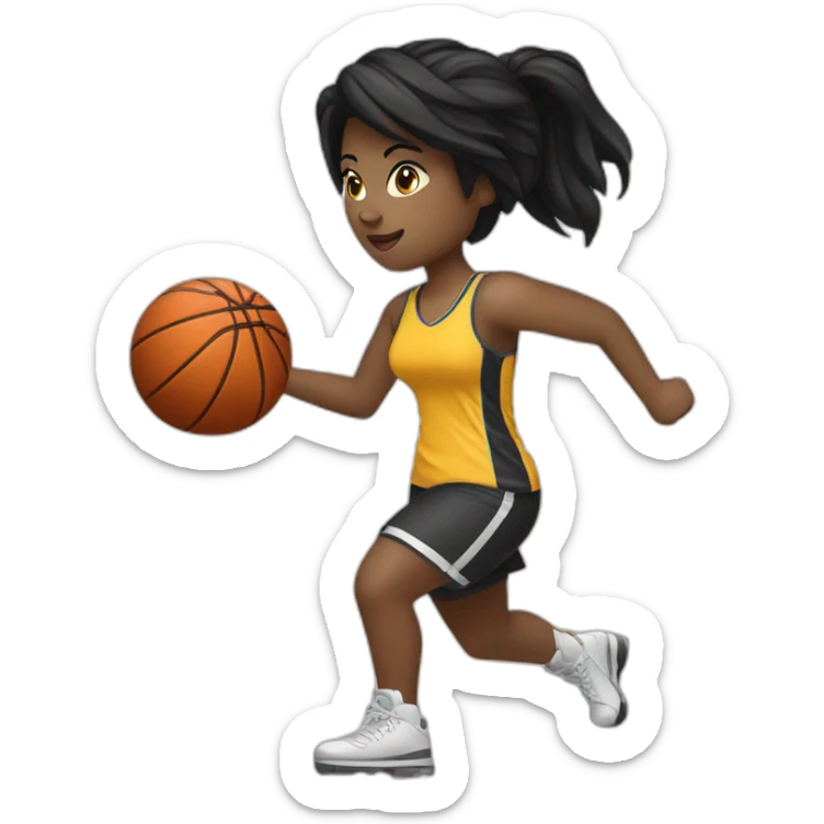 White skin female with black hair playing football with basket ball sticker