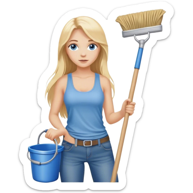 Cinematic realistic blonde with long hair and blue eyes, dressed in jeans and a tank top, holding a mop in her hands sticker